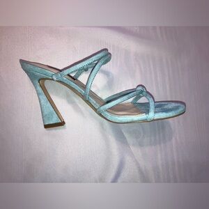 🔥NWOT🔥 Nine West Women's Kims 2 Teal Velvet Suede Heeled Sandal Blue W6.5